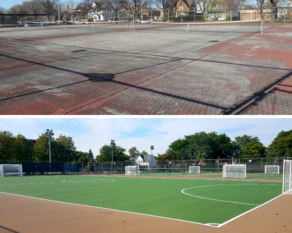 antes y después de las canchas de tenis al campo de fútbol